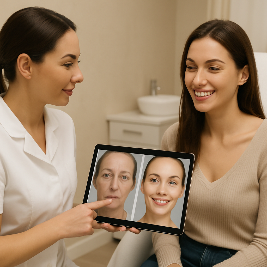 Aesthetic practice before and after comparison photos displayed on a professional website with patient testimonial quotes and 5-star rating badges in a clean modern layout