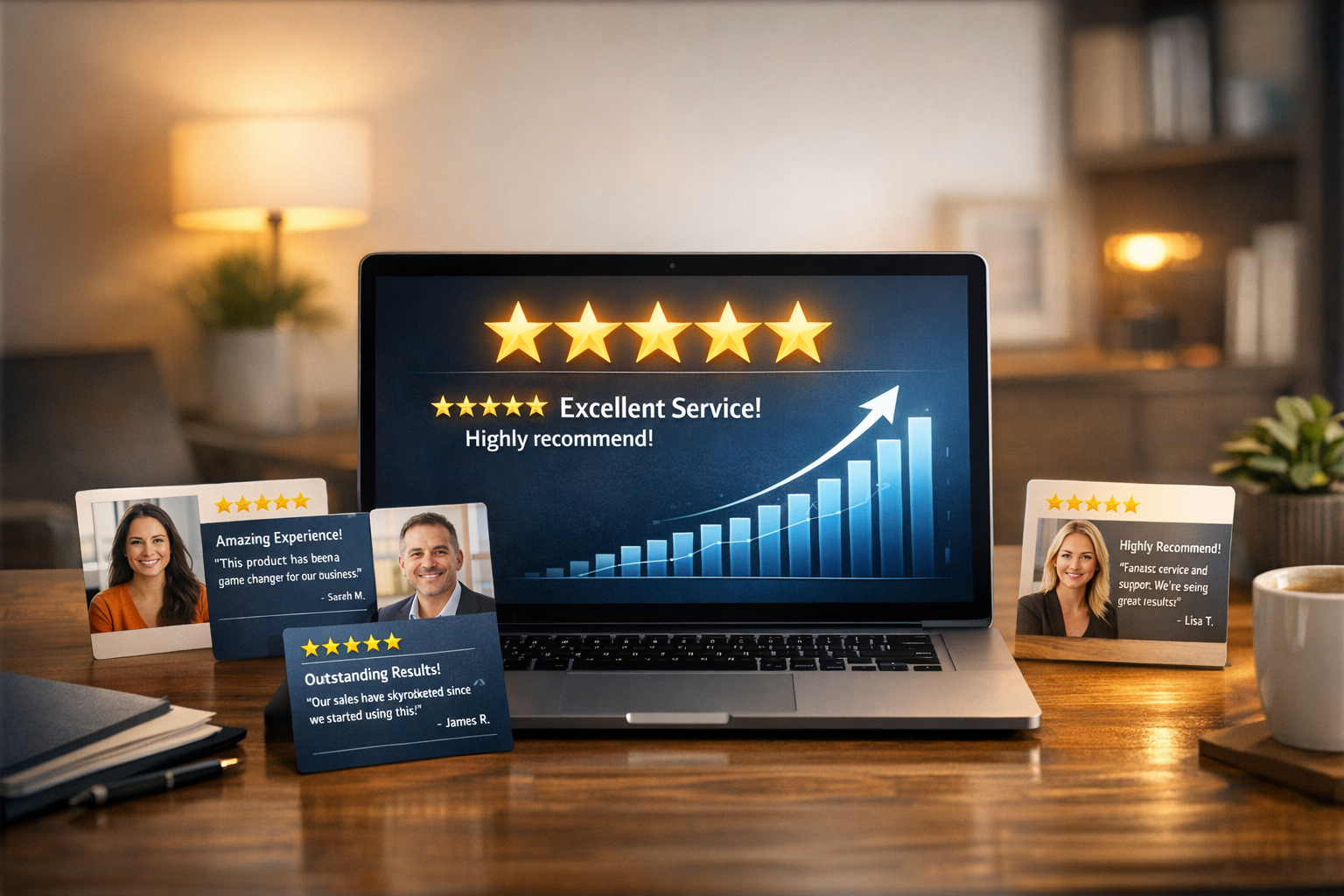 Laptop screen showing glowing 5-star reviews and customer testimonial cards with a business growth chart on a clean office desk