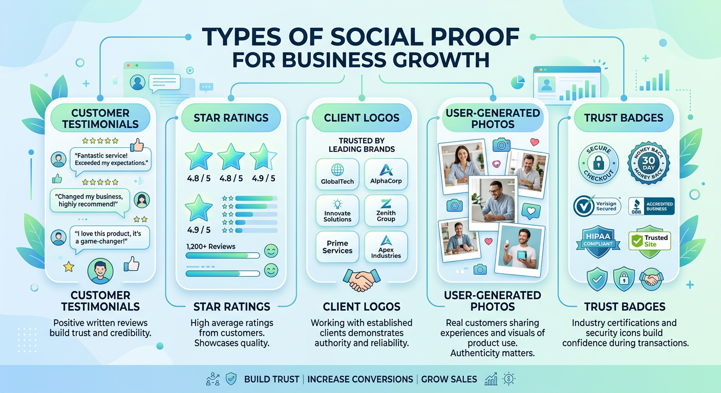 Types of social proof infographic showing testimonial quote bubbles, star ratings, trust badges and client logos in a clean flat design