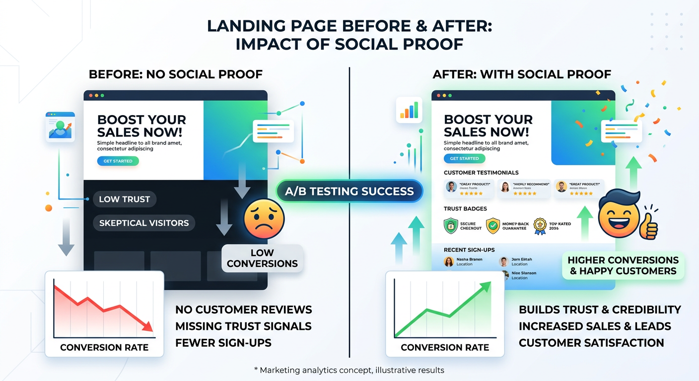 Website split-screen comparison showing a page without social proof versus the same page with testimonials, star ratings, and trust badges driving higher conversions