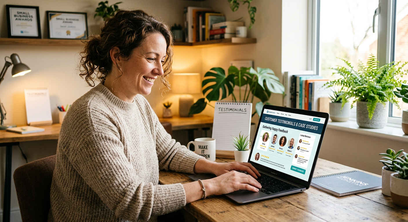 Small business owner at laptop collecting customer testimonials with star ratings, feedback forms, and happy customer profile photos on screen