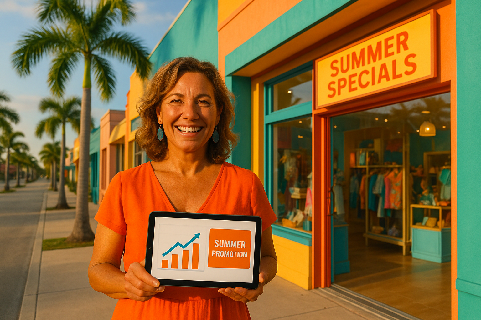 Local business owner reviewing summer marketing strategy on tablet outside her storefront