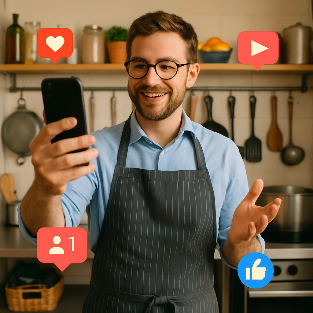 Local business owner filming a summer social media video in his kitchen for off-season promotion content