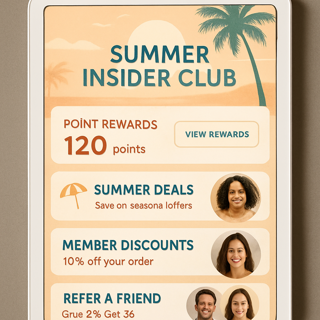 Loyalty program interface on tablet showing summer member rewards, points, and referral bonuses