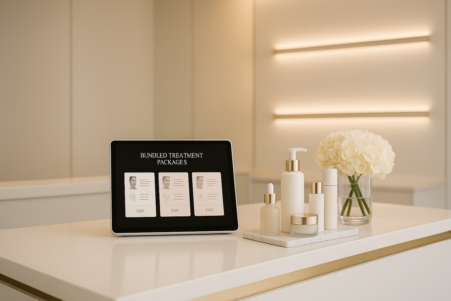 Modern med spa reception area with bundled treatment packages displayed on a tablet screen and luxury skincare products arranged on a white counter