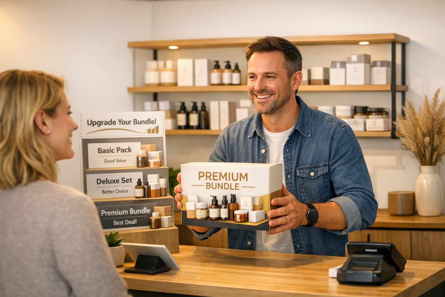 Small business owner presenting an upgraded product bundle to a happy customer at a modern retail counter with tiered offerings visible