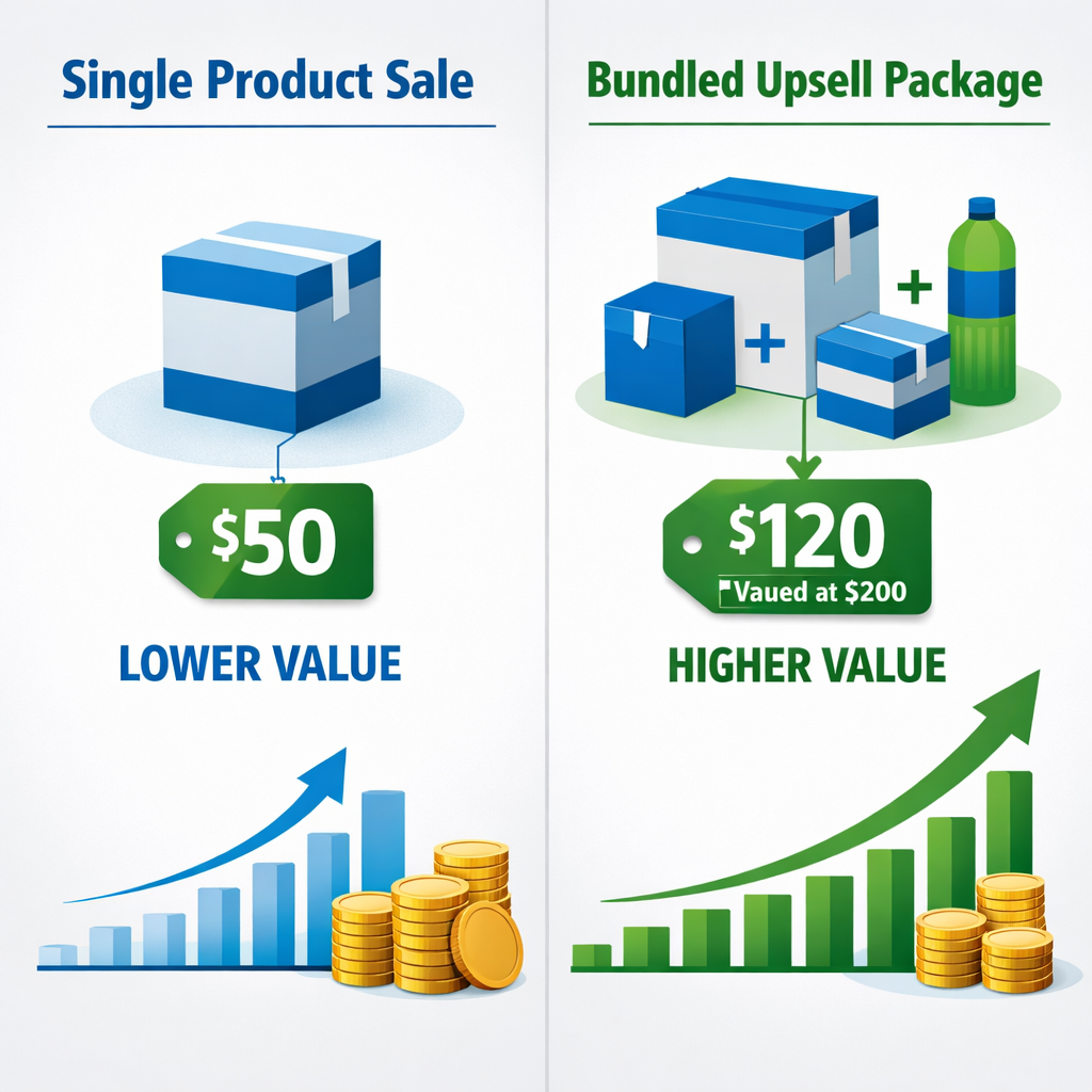 Side-by-side comparison showing a single product sale on the left versus a bundled upsell package on the right with price tags reflecting higher value and better outcomes
