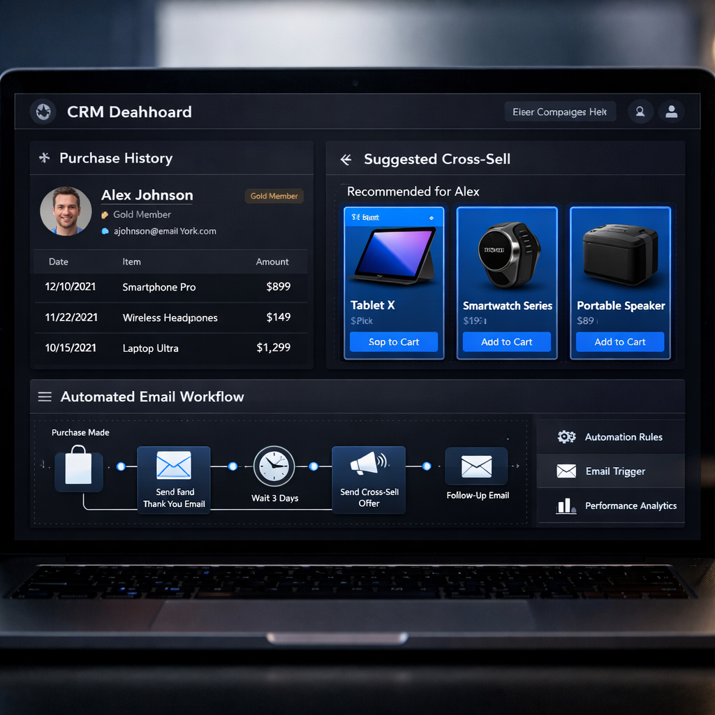 Modern CRM dashboard on a laptop showing customer purchase history with cross-sell suggestions highlighted in blue and automated follow-up email workflow icons