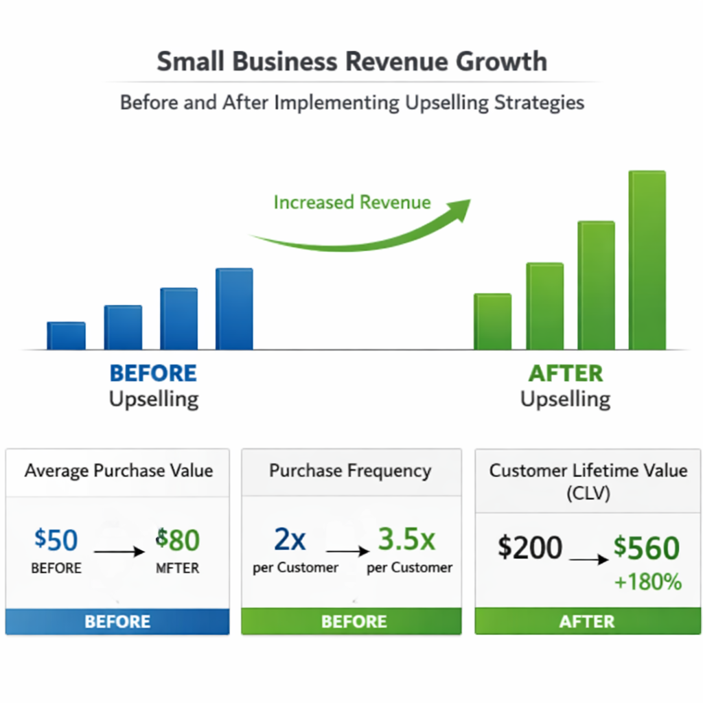 Revenue growth bar chart showing before and after implementing upselling strategies with customer lifetime value metrics and upward trend data visualization
