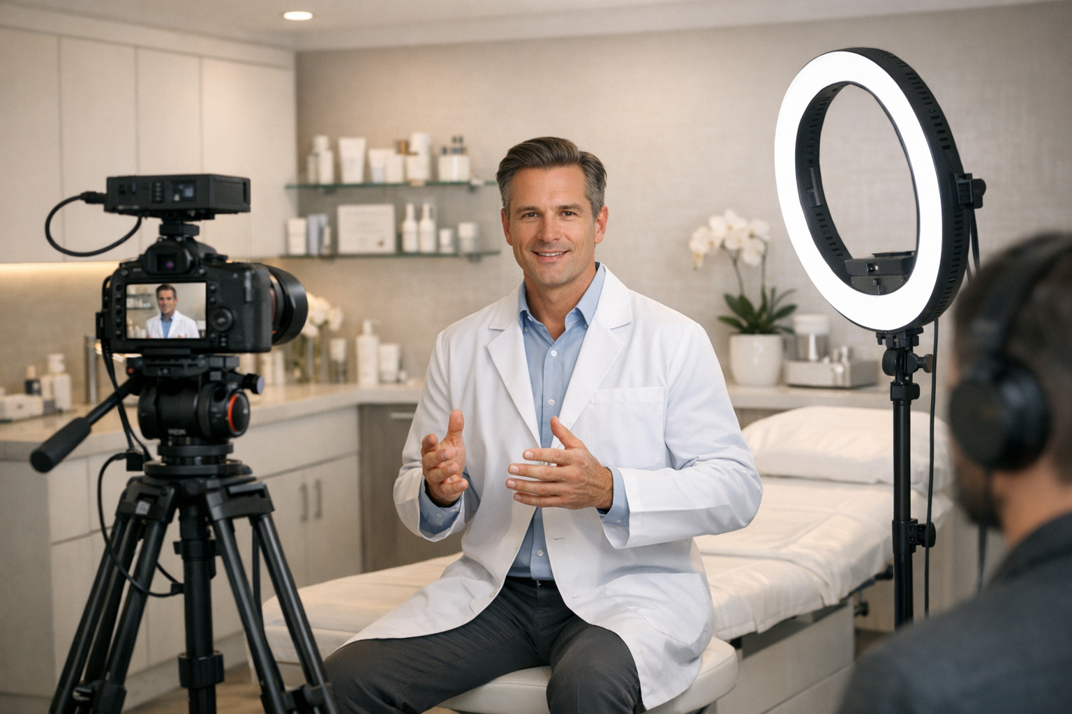 Plastic surgeon being filmed for consultation video in modern aesthetic clinic with professional lighting setup