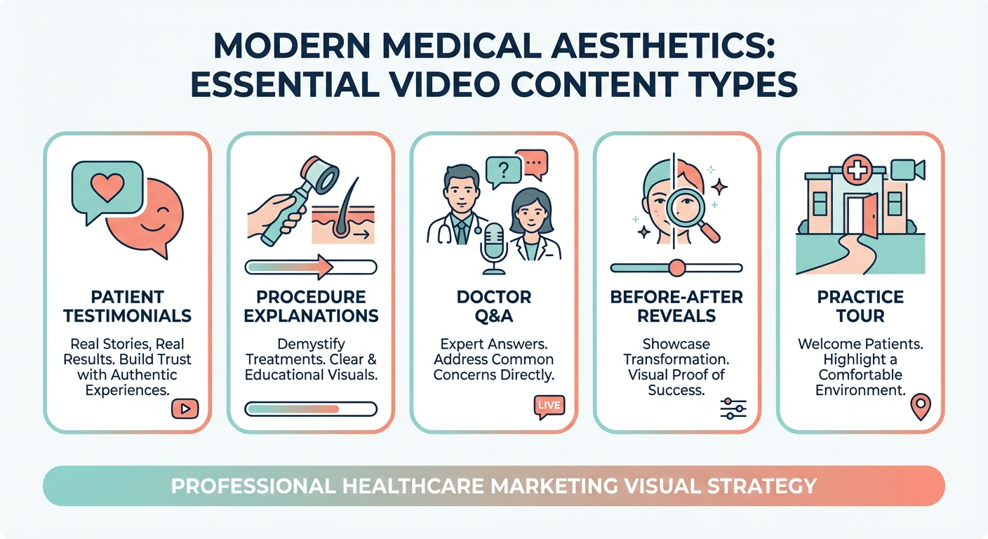 Video content types for aesthetic practices including testimonials, procedure explanations, Q&A sessions, and practice tours