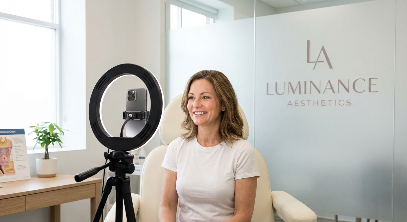 Patient recording a video testimonial in a professional aesthetic clinic consultation room