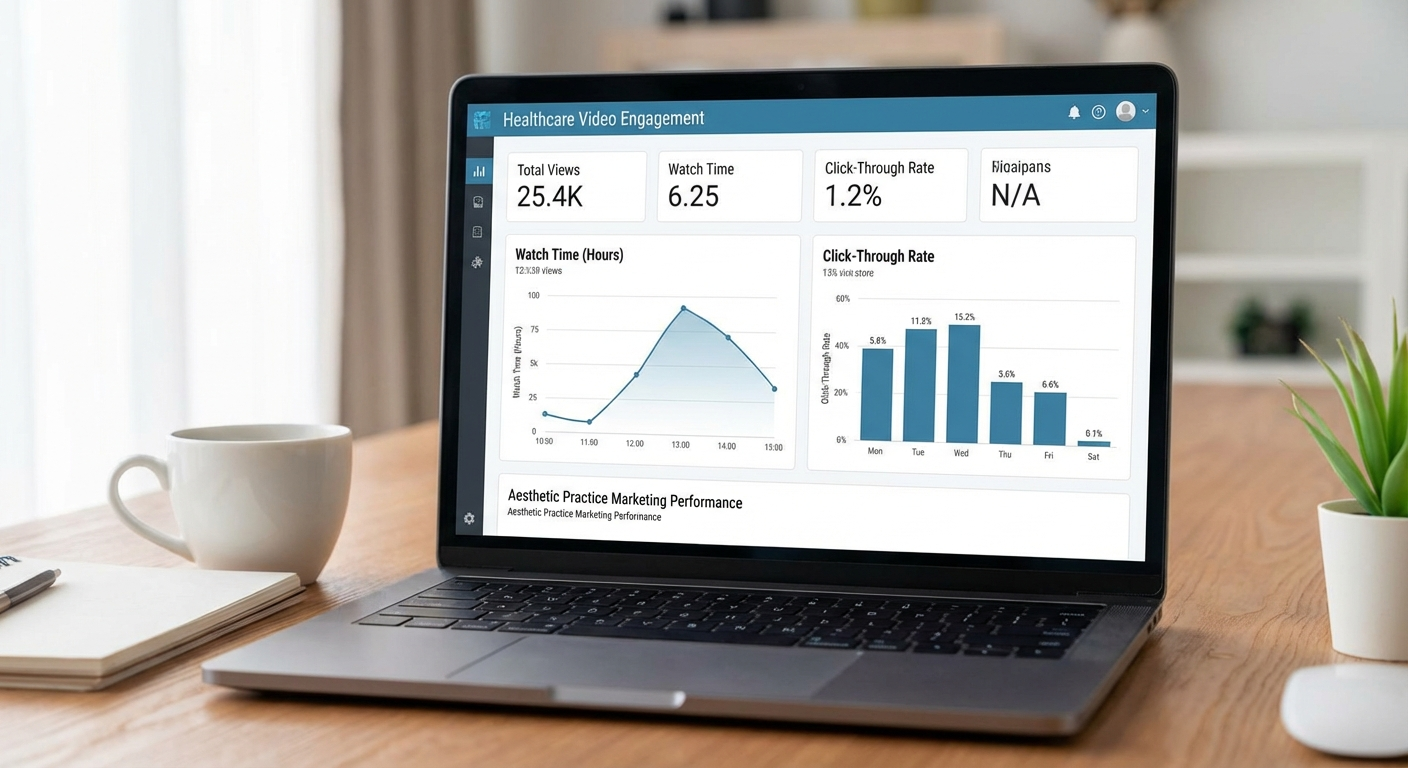 Video analytics dashboard showing engagement metrics for healthcare marketing performance