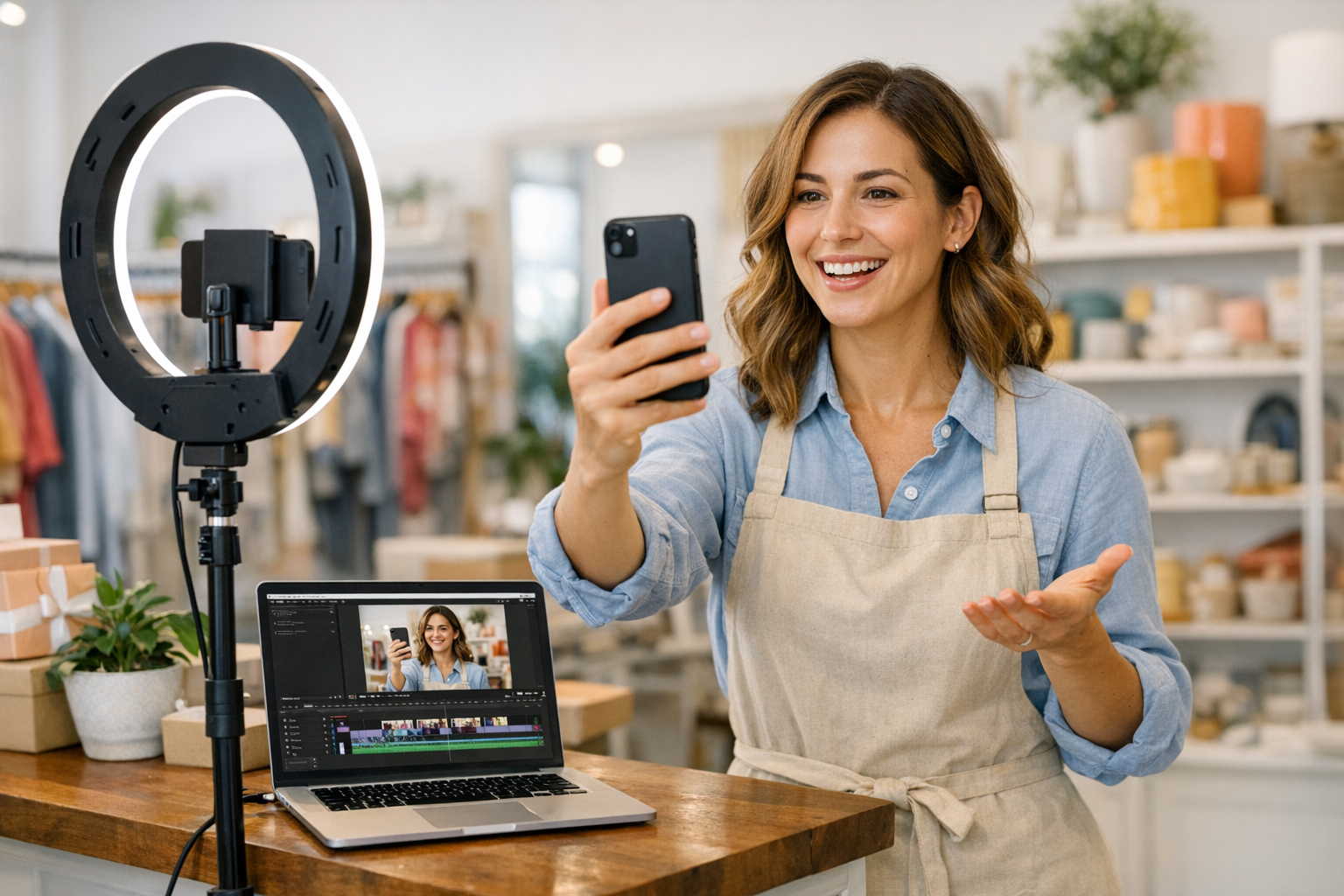 Small business owner filming a short smartphone video in a bright modern shop with a ring light and laptop open to video editing software