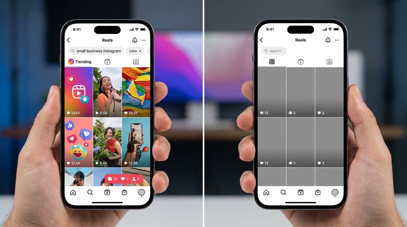 Small business Instagram Reels feed showing high engagement with short video thumbnails, likes, and comment counts on a phone screen mockup