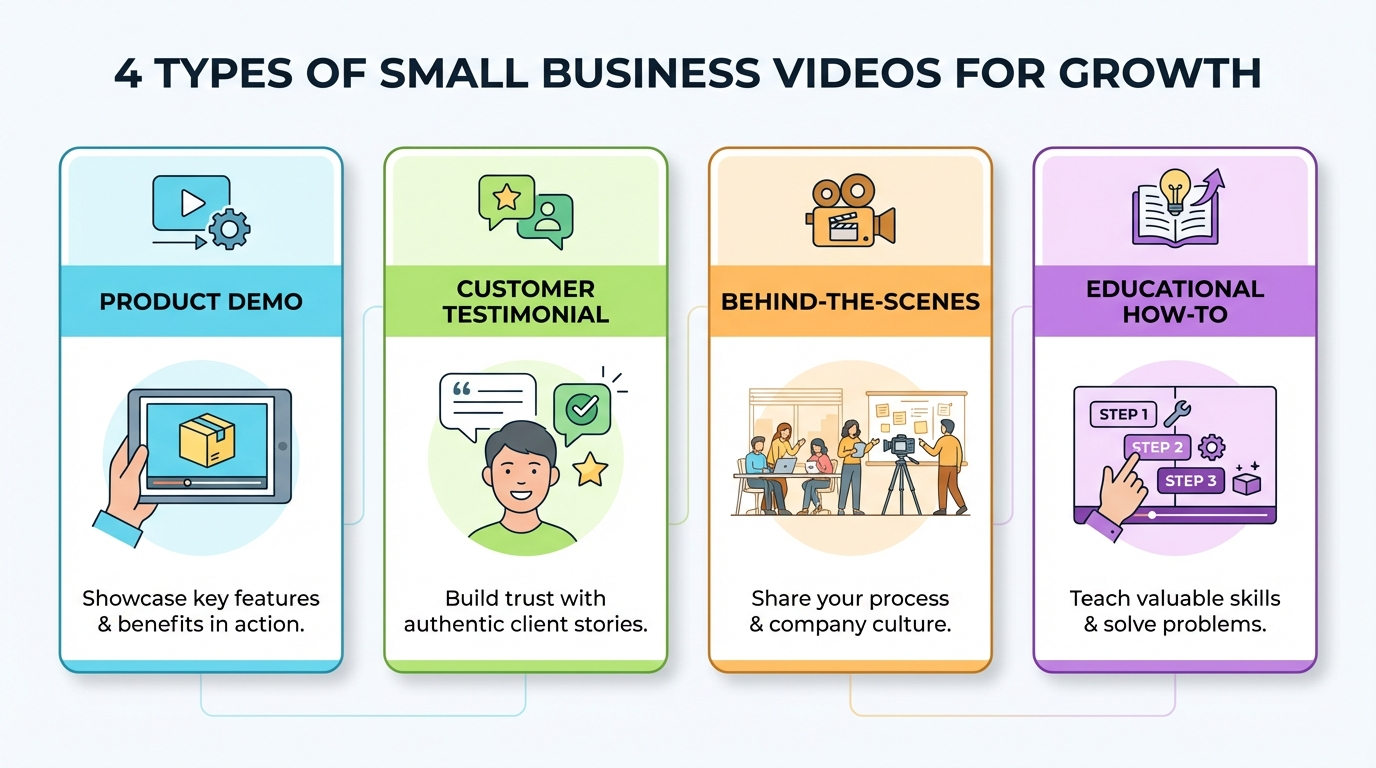 Four types of small business videos shown as cards — product demo, customer testimonial, behind-the-scenes, and educational how-to, with icons and descriptions