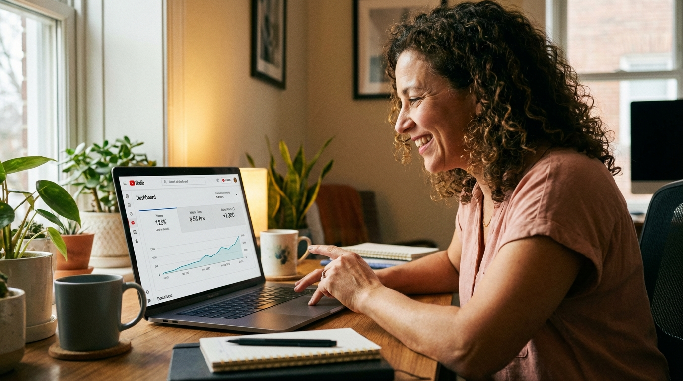 Small business owner reviewing video analytics dashboard on laptop showing view counts, watch time, and subscriber growth charts