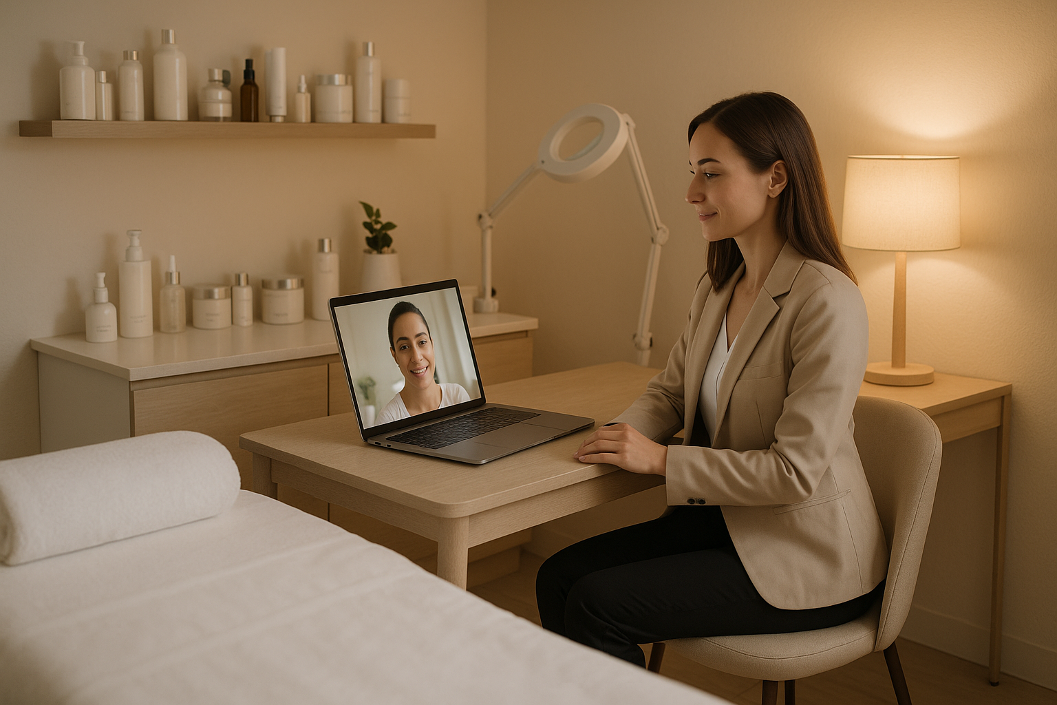 Med spa practitioner conducting a video consultation with a patient, sitting at a modern desk with a laptop in a professional, elegantly lit treatment room