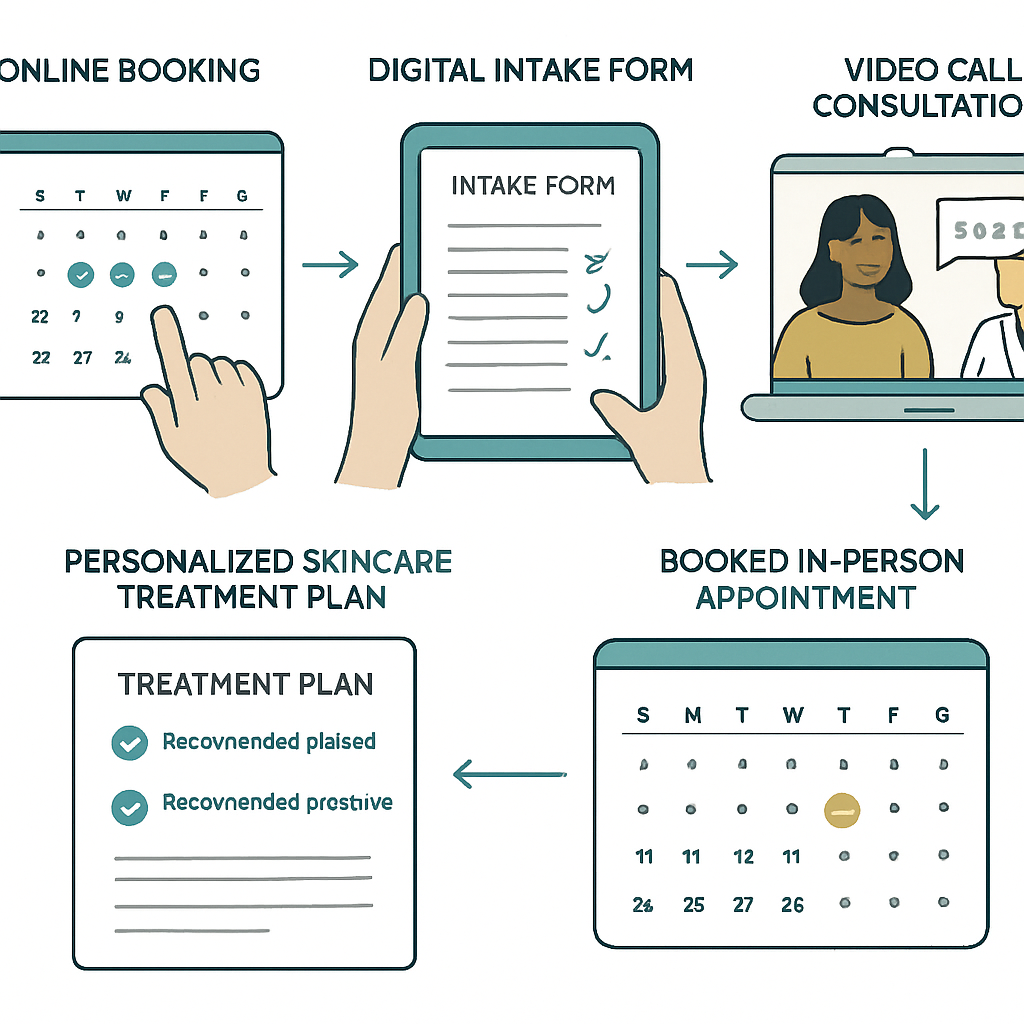 Step-by-step infographic illustrating the virtual med spa consultation process from booking to in-person appointment