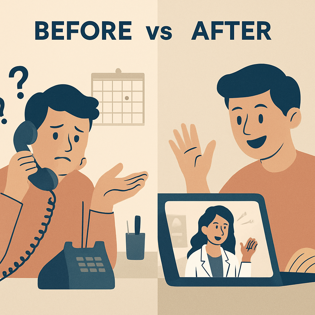 Split-screen comparison showing frustrated patient with old phone booking process vs. happy patient on video consultation from home comfort