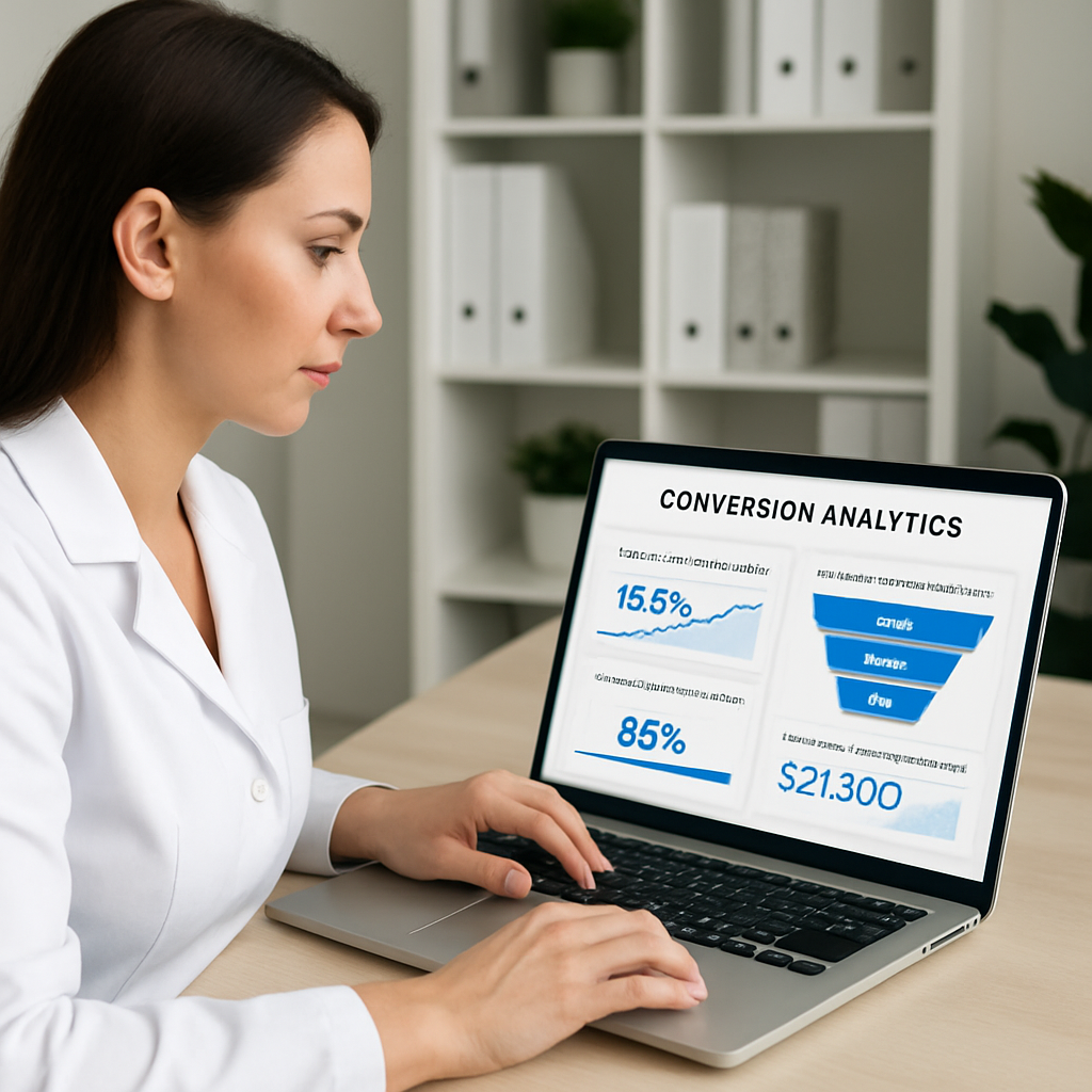 Med spa practitioner reviewing virtual consultation conversion analytics on a laptop dashboard showing booking rates and patient acquisition metrics