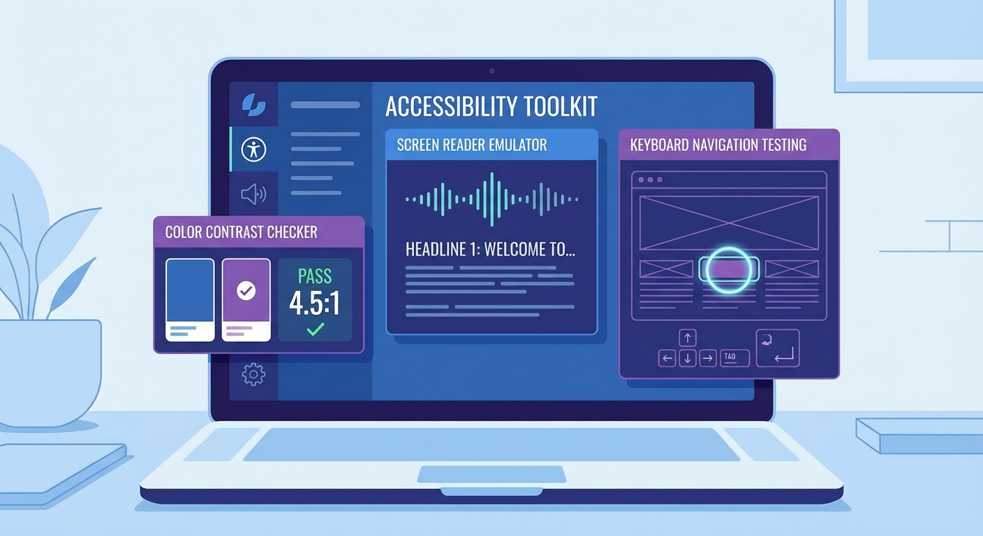 Accessibility testing tools including color contrast checkers and screen reader interfaces