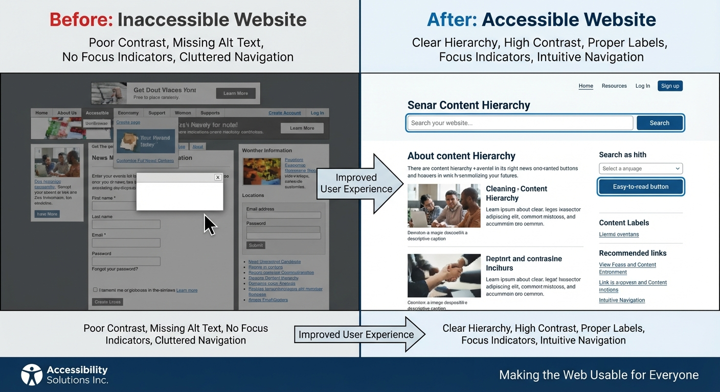 Before and after comparison showing accessibility improvements to a website