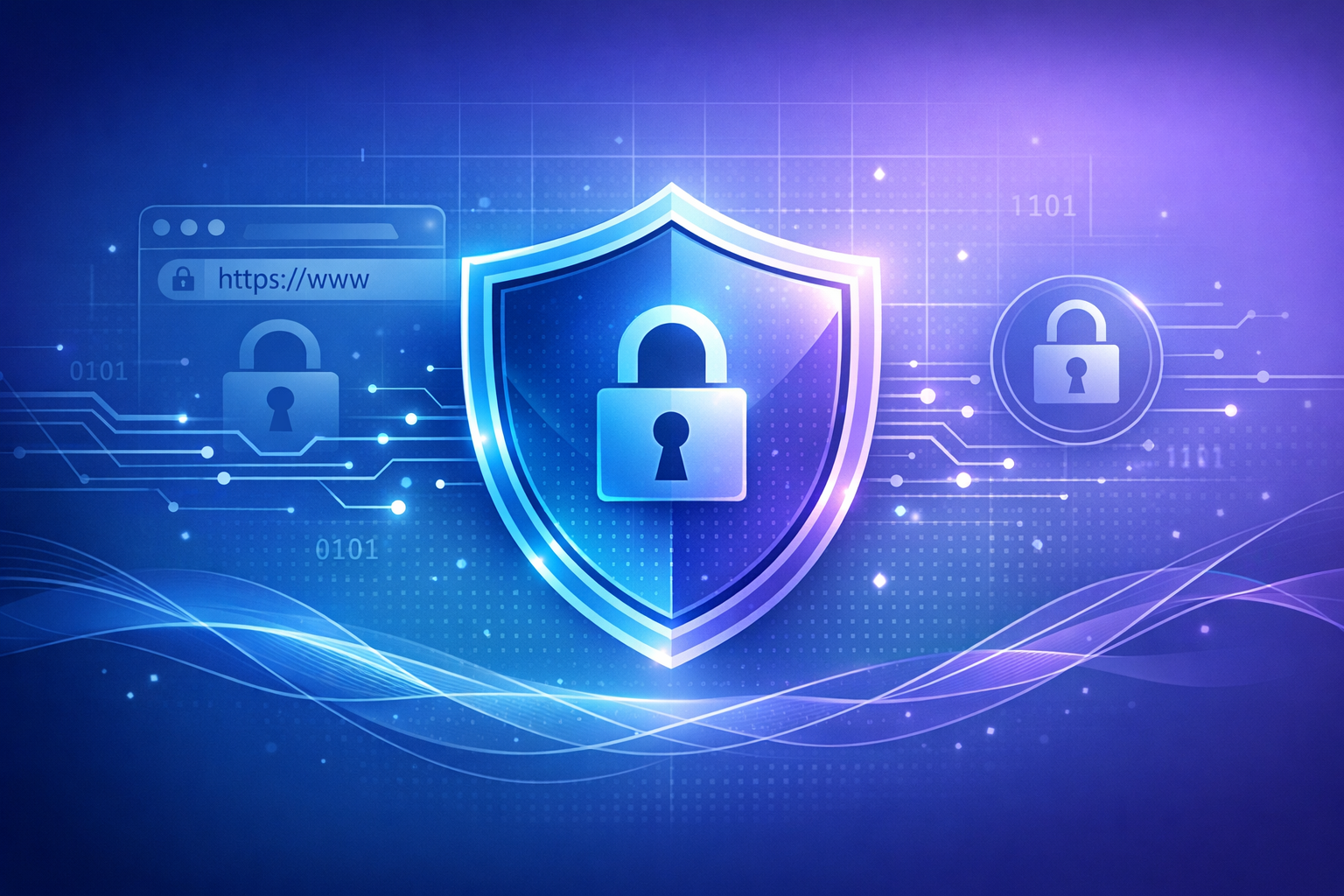 Digital shield protecting website with lock icons and secure connection visualization