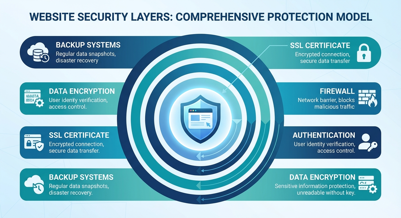 Website security layers diagram showing SSL, firewall, authentication, encryption, and backup systems