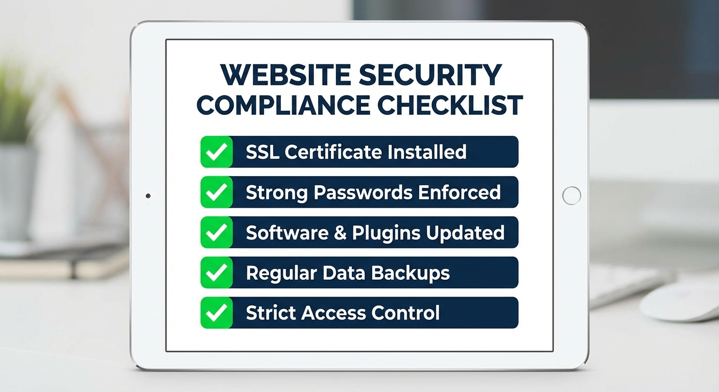 Security audit checklist with checkmarks for SSL, passwords, updates, backups, and access control