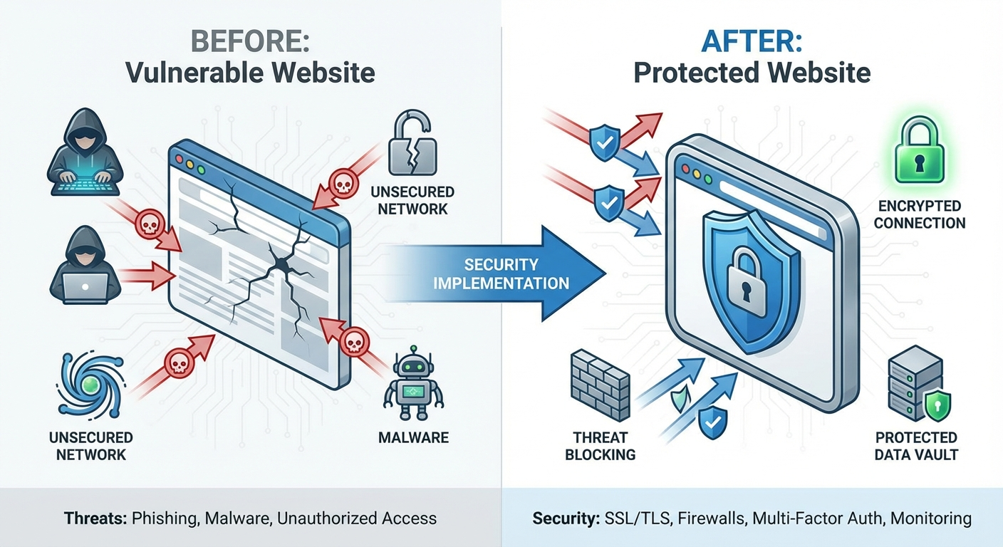 Comparison showing vulnerable website with security threats versus protected website with security shields
