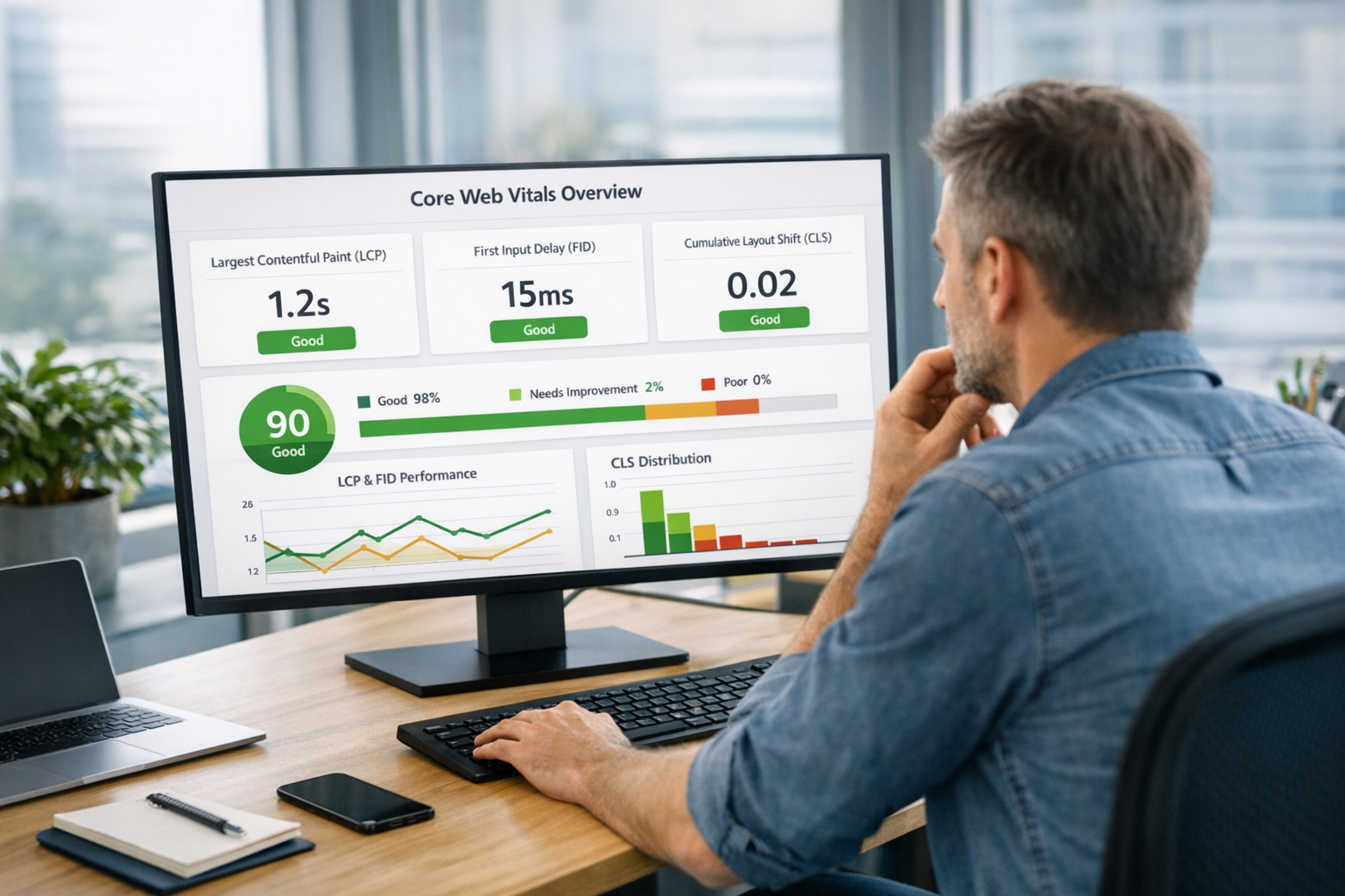 Web developer analyzing website performance metrics on monitor showing Core Web Vitals dashboard