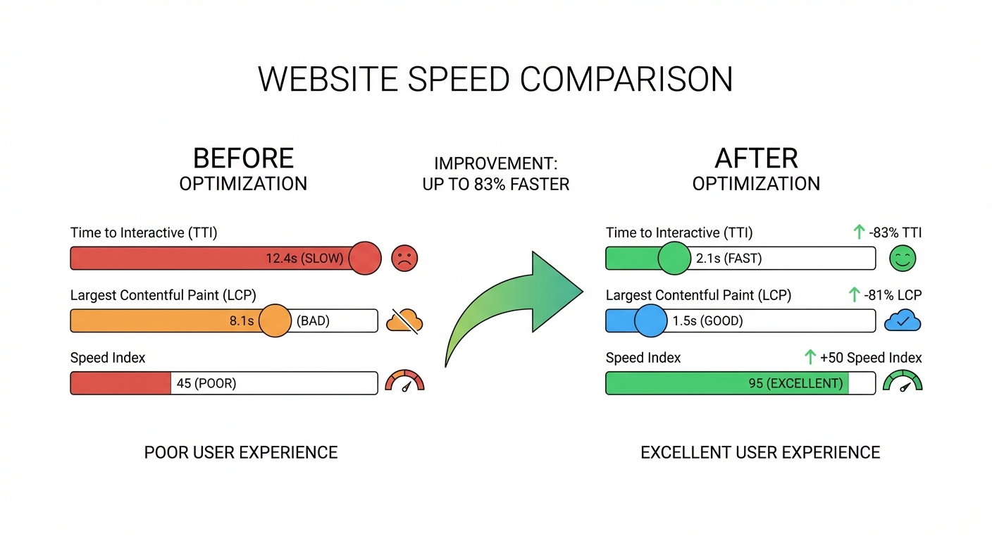 Before and after comparison showing website speed improvement with green performance metrics