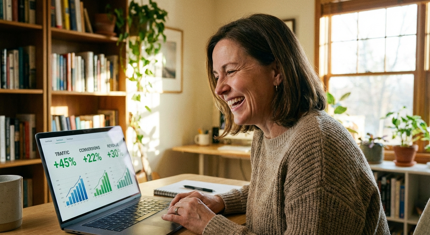 Business owner reviewing improved website analytics on laptop with positive performance metrics