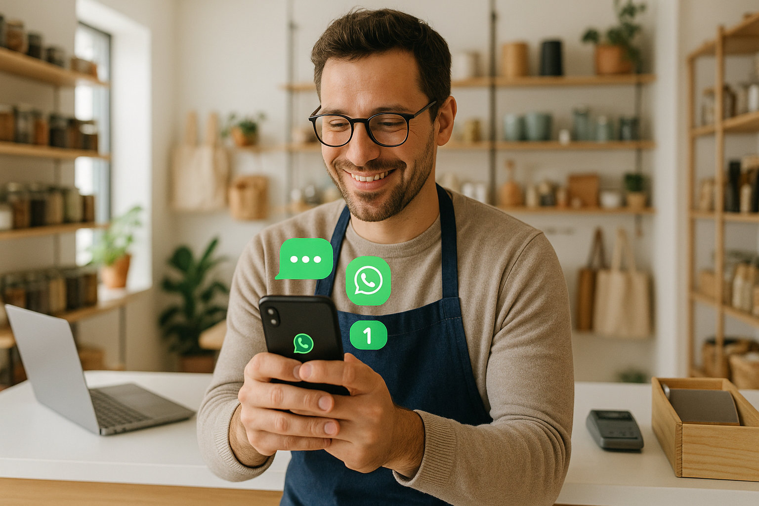Small business owner using WhatsApp to communicate with customers on their smartphone at a retail counter