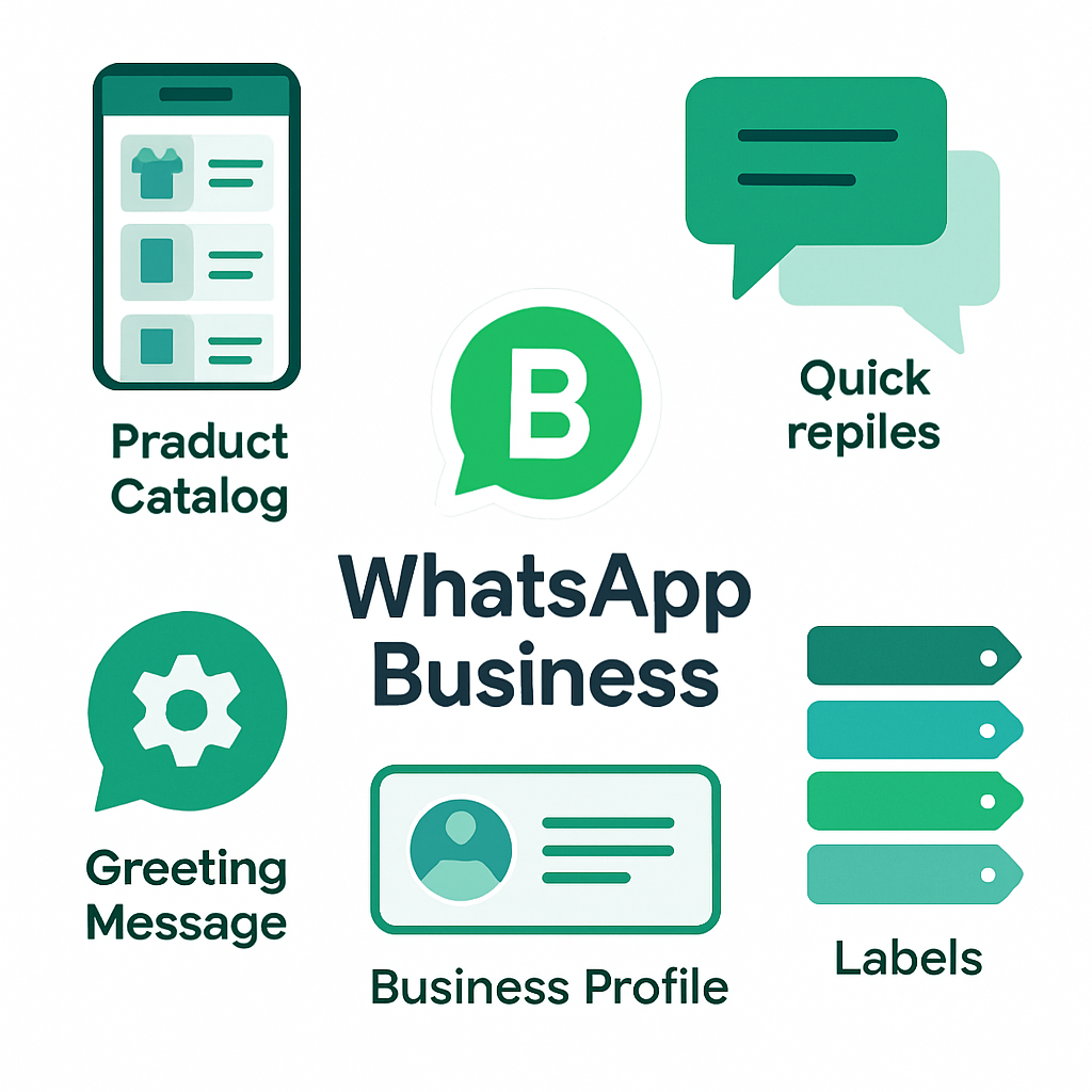 WhatsApp Business features overview: product catalog, quick replies, automated greeting messages, business profile and conversation labels — key tools for small business customer communication