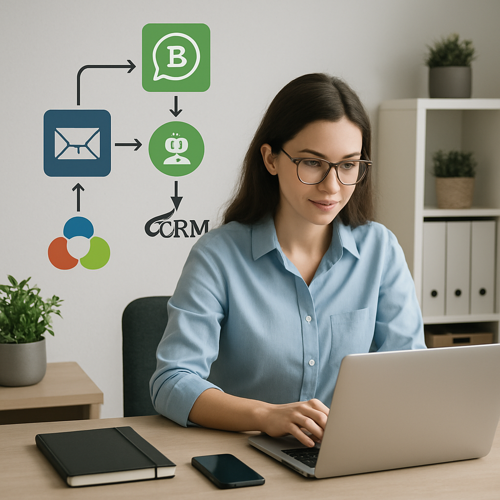 Small business team configuring WhatsApp Business API integration and CRM automation workflows on computers in a modern office setting