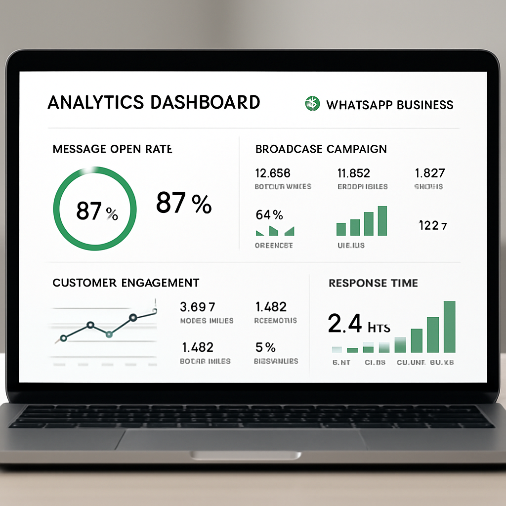 Analytics dashboard showing WhatsApp Business campaign performance metrics: message open rates, broadcast reach, customer response time data, and engagement statistics on a professional laptop screen