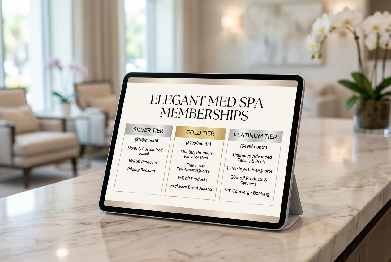 Elegant med spa membership menu displayed on a sleek tablet showing three tiers of monthly skincare plans
