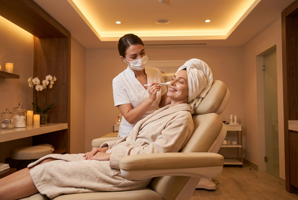 Happy female client relaxing during a luxury facial treatment at an upscale med spa